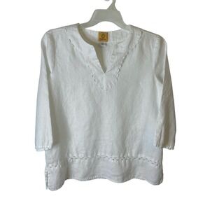 Ruby Rd Womens White 100% Linen Scalloped V-Neck Eyelet Tunic Blouse Small